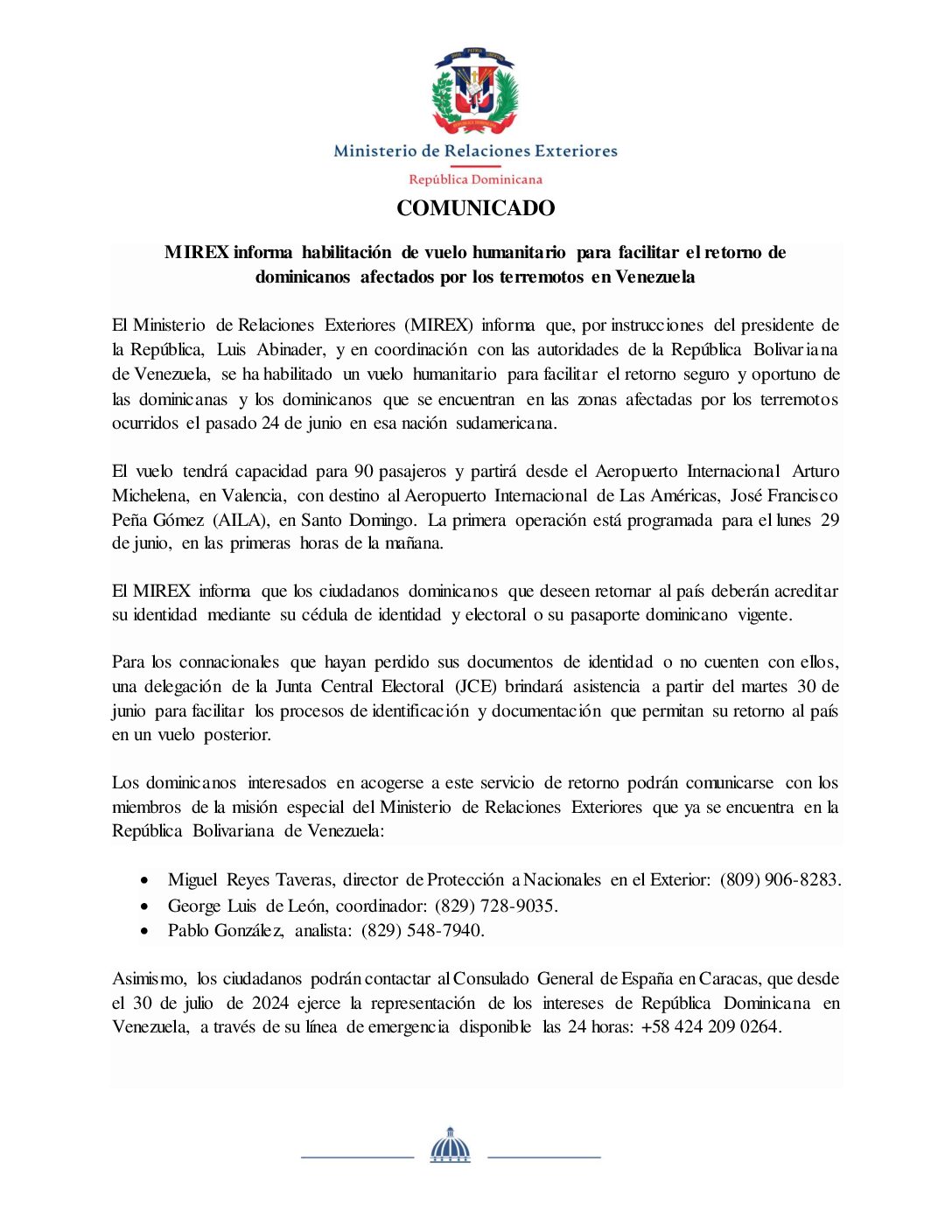 MIREX informa habilitación de vuelo humanitario para facilitar el retorno de dominicanos afectados por los terremotos en Venezuela